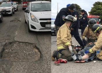 Motociclista cae en un hoyo y queda lesionado sobre el bulevar Solidaridad