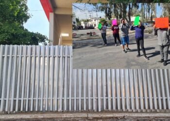 Hermosillo: Bloquean bulevar Encinas y calle Ures por la instalación de láminas en el cerco del Cecytes Mariachi