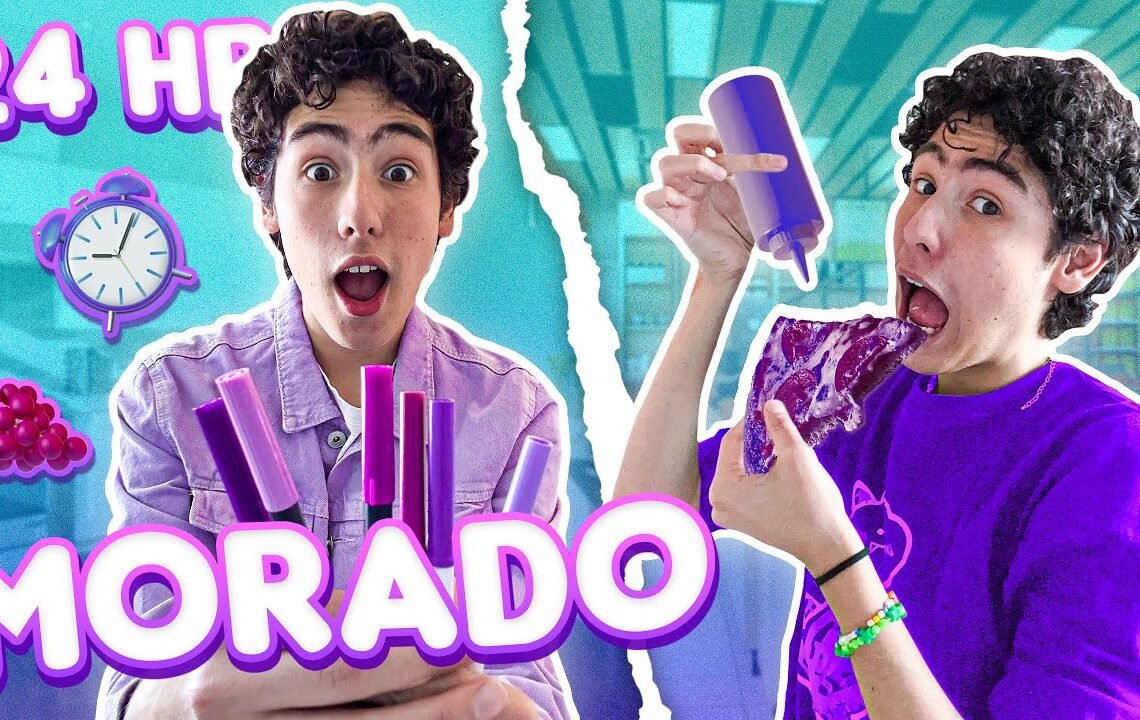 24 HORAS VIVIENDO de color MORADO 😩🦄💜🍬 *Pinté comida* | Leo Study