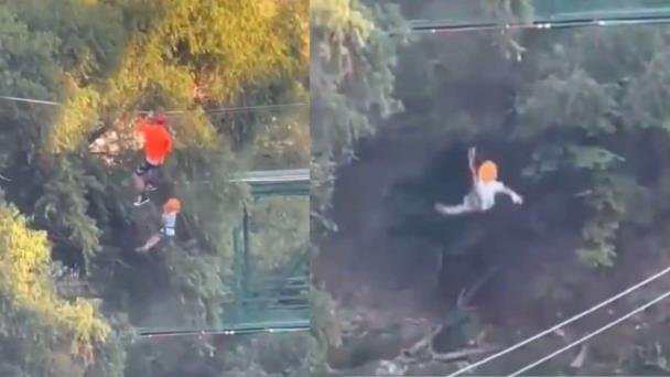 Niño cae de una tirolesa al romperse su arnés en Parque Fundidora Niño cae de una tirolesa al romperse su arnés en Parque Fundidora