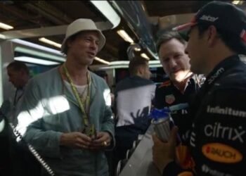 ‘Checo’ Pérez y Brad Pitt se ven las caras en el GP de Gran Bretaña