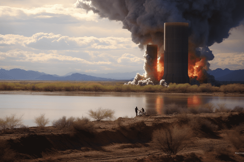 Explosión de la bomba en la presa Abelardo L. Rodríguez. Foto: Midjourney Explosión de la bomba en la presa Abelardo L. Rodríguez. Foto: Midjourney