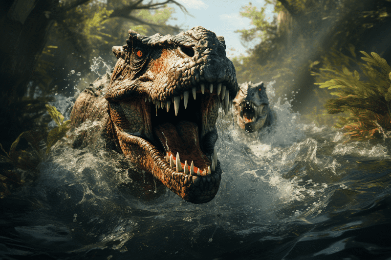  Un dinosaurio en un río en una imagen generada por Midjourney.