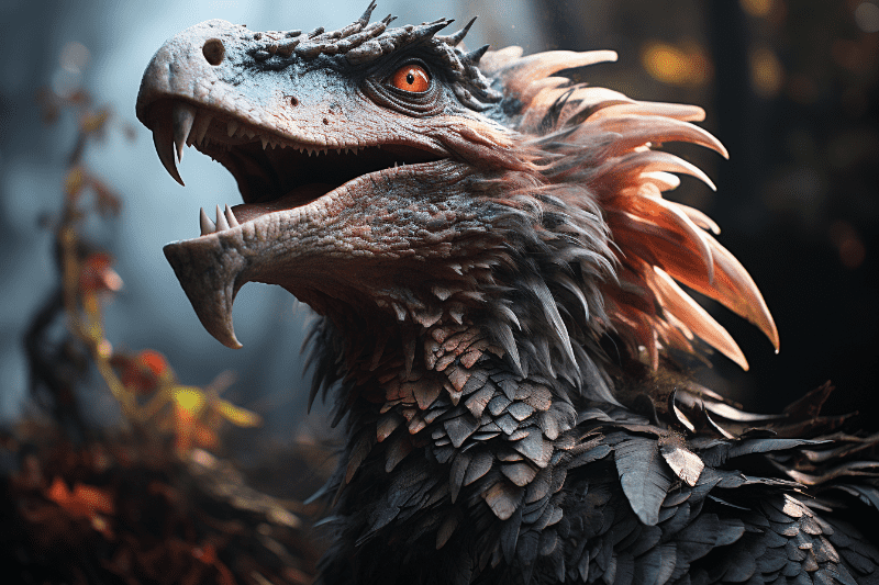 Imagen de un dinosaurio con plumas generado por Inteligencia Artificial. 
