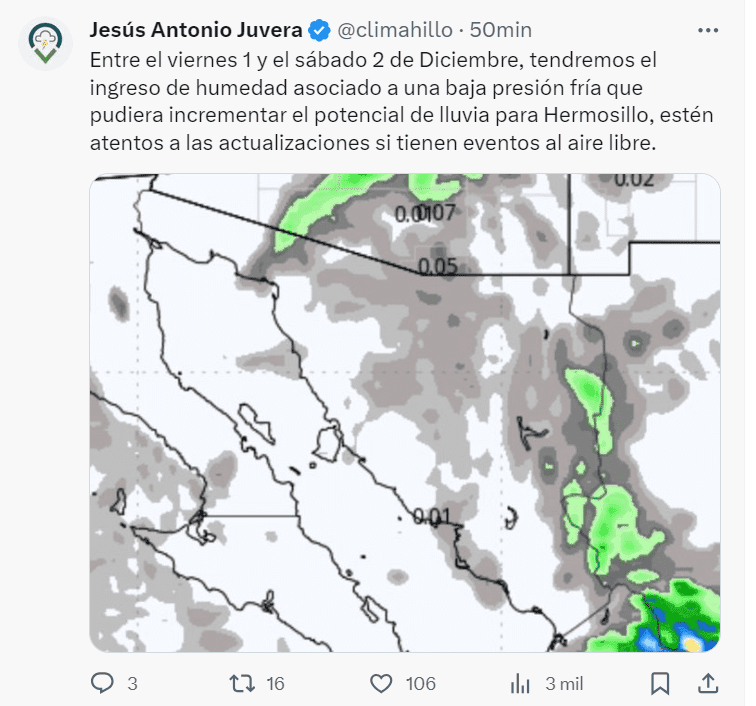Pronostica Juvera lluvias para Hermosillo. 