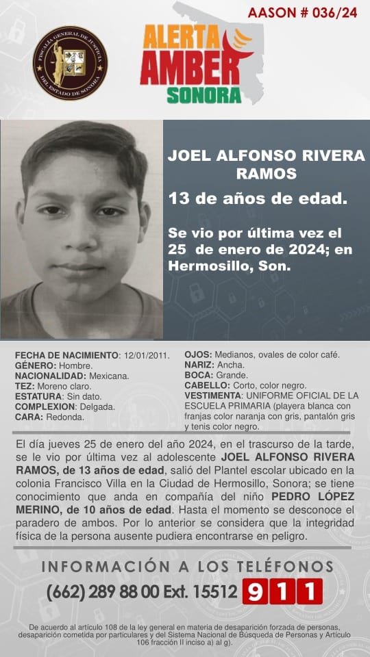 Activan Alerta Amber para localizar a dos menores en Hermosillo