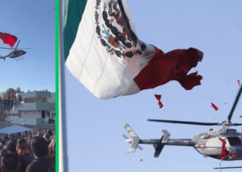 Helicóptero de Sedena corta monumental bandera por arriesgada maniobra