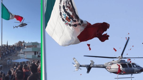 Helicóptero de Sedena corta monumental bandera por arriesgada maniobra Helicóptero de Sedena corta monumental bandera por arriesgada maniobra
