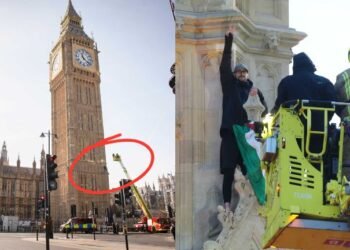 HOMBRE ESCALA EL BIG BEN EN LONDRES PROTESTANDO POR PALESTINA