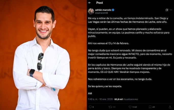 Adrián Marcelo anuncia pausa indefinida en la comedia tras avivar rumores de divorcio Adrián Marcelo anuncia pausa indefinida en la comedia tras avivar rumores de divorcio