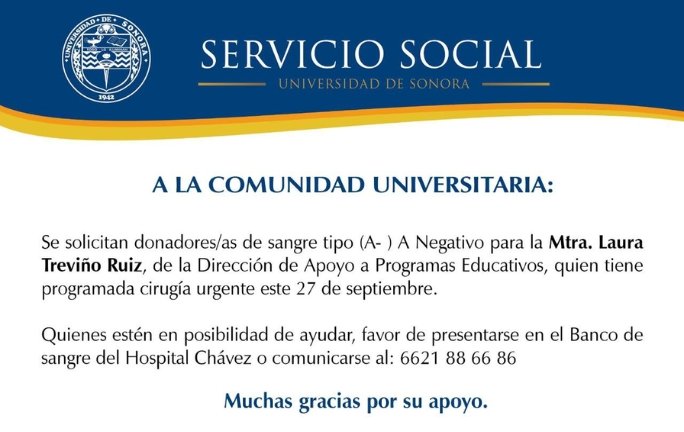 SOLICITUD URGENTE DE DONADORES DE SANGRE (A-) EN HERMOSILLO SOLICITUD URGENTE DE DONADORES DE SANGRE (A-) EN HERMOSILLO