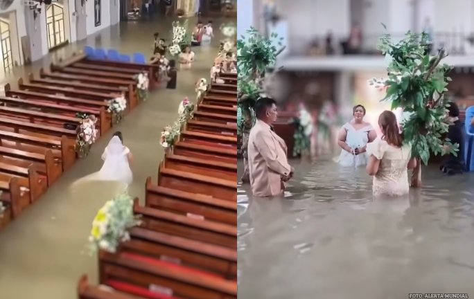 Ni la furia de la tormenta pudo frenarlos: caminó hacia el altar con el agua a las rodillas para decir «sí, acepto» Ni la furia de la tormenta pudo frenarlos: caminó hacia el altar con el agua a las rodillas para decir «sí, acepto»